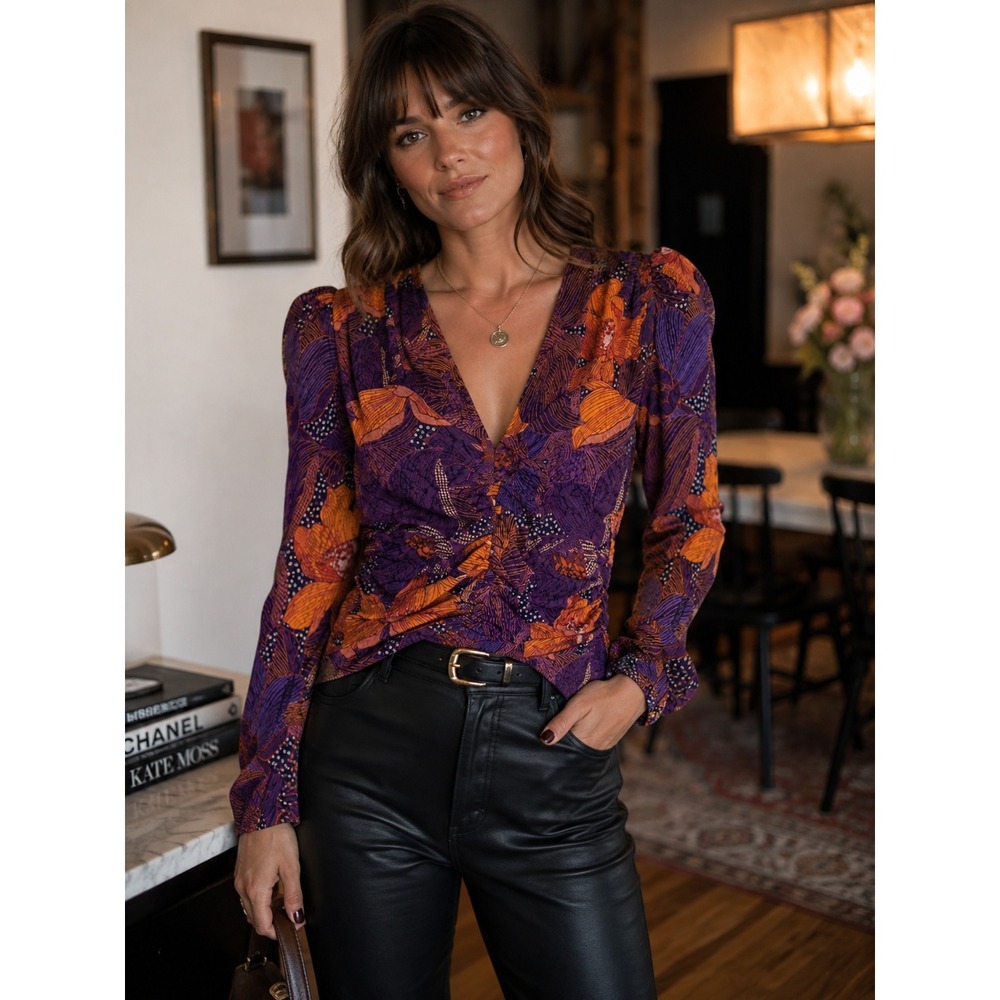 Zara Purple Orange Floral Ruched V-Neck Blouse Whimsygoth Boho Romantic M‎